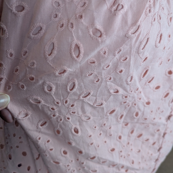 Pink Romantic Boho Puff Long Sleeve Button Up Blouse With Lace Eyelet Details - Picture 7 of 11